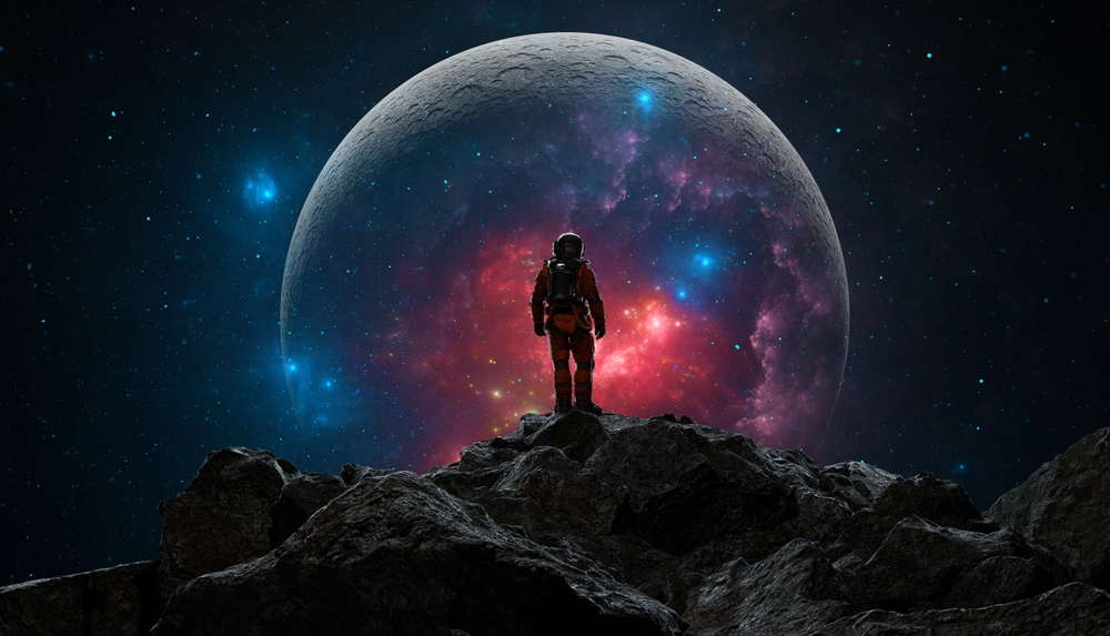 Astronaut,Gazes,At,A,Surreal,Celestial,Vista,With,A,Vibrant